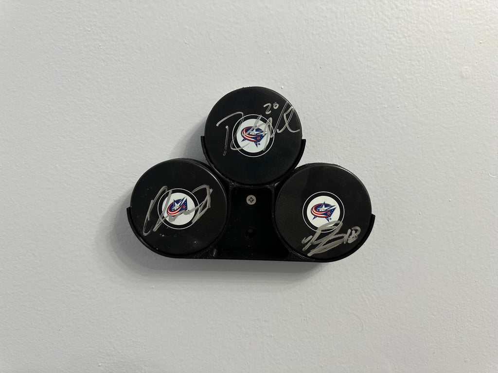 Triple Hockey Puck Stand or Wall Mount Sports Memorabilia Display Holder