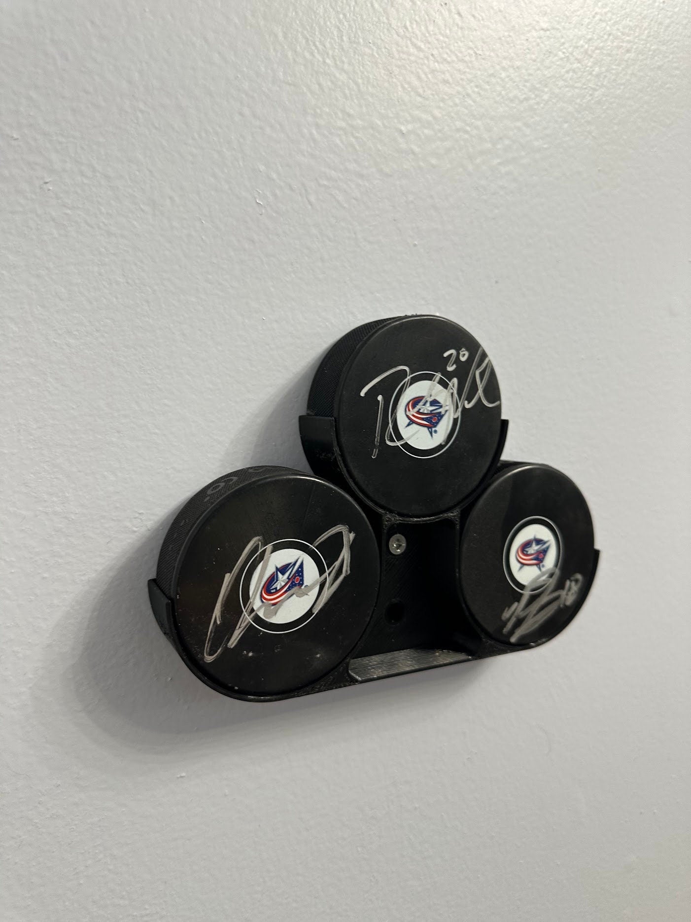 Triple Hockey Puck Stand or Wall Mount Sports Memorabilia Display Holder