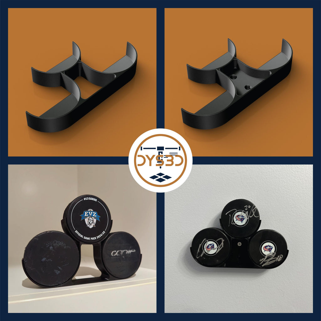 Triple Hockey Puck Stand or Wall Mount Sports Memorabilia Display Holder